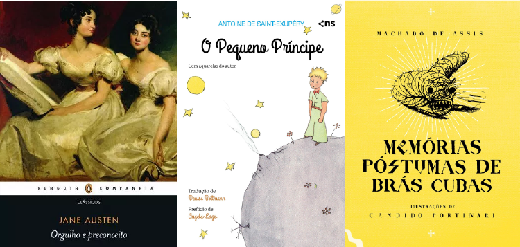 livros para professores descontraírem: Orgulho e preconceito, O pequeno príncipe, Memórias póstumas de brás cubas